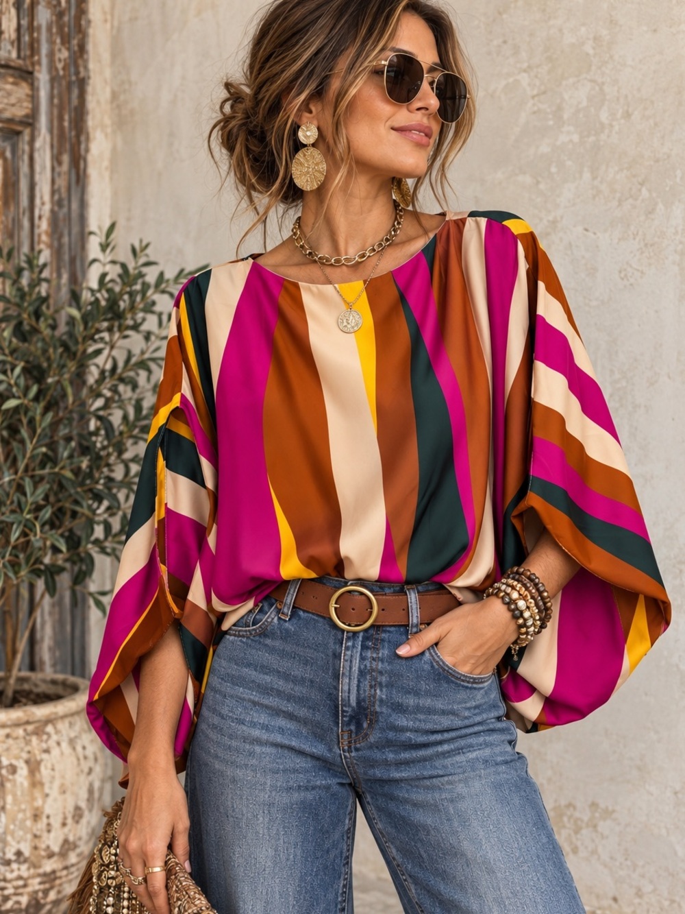 Fab’rik Tyche Multicolor Striped Dolman Sleeve Blouse Top Small Made in USA